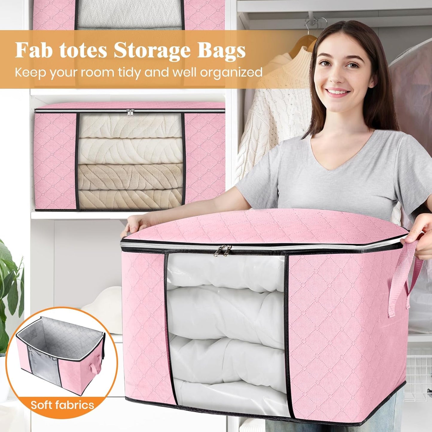 Fab totes 24 Gallons Clothes Storage, Foldable Thick Fabric Blanket Storage Bags, Containers for Organizing Bedroom, Closet, Clothing, Comforter, Organization with Handle (10 Pack,Pink)