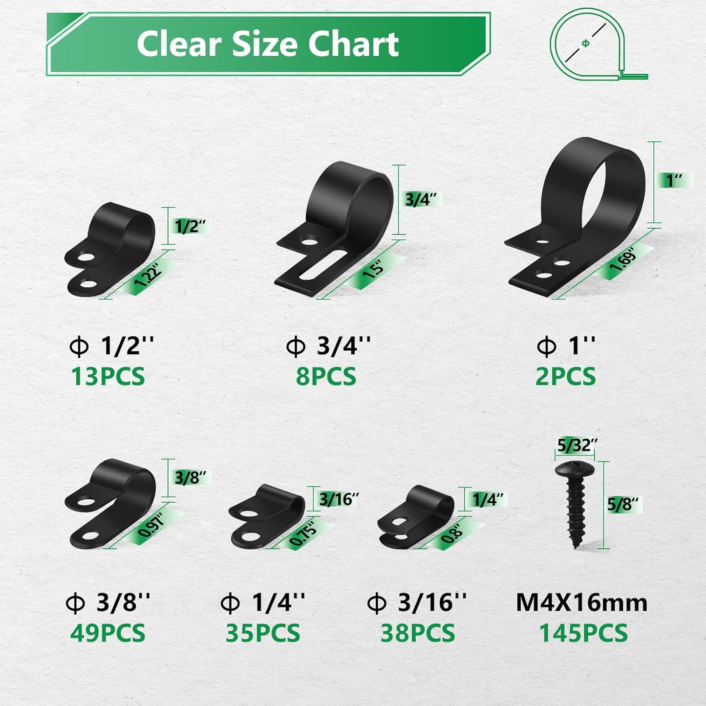 Cable Clips for Cable Management Cord Organizer, 6 Sizes 290 PCS Nylon R-Type, 3/16'' 1/4'' 3/8'' 1/2'' 3/4'' 1'' Black Plastic Screw Mounting Cord Fastener Clamp Assortment Kit with M4 Screws