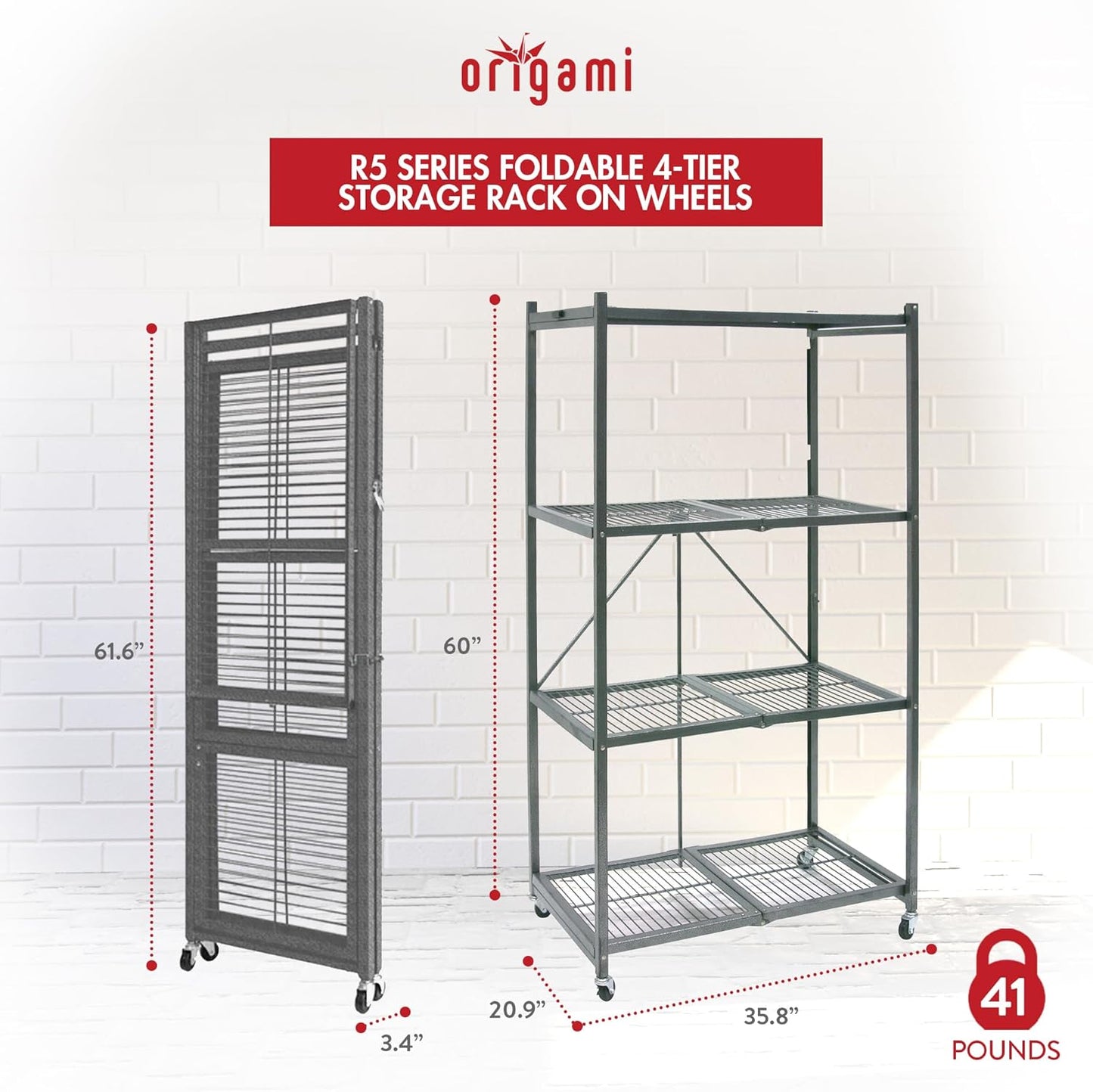 Origami 4-Pack R5 Storage Rack, 4-Tier Heavy-Duty Foldable Steel Shelf with Wheels, Gray