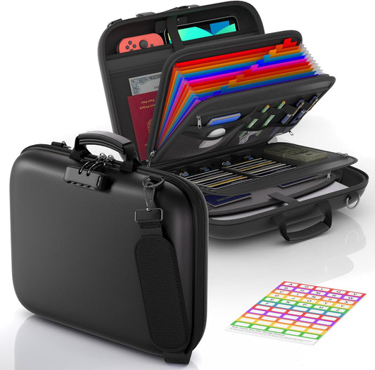 Nacial Fireproof Document Box with Lock & Shoulder Strap, Hard-Shell Fireproof File Organizer with 13 Pocket Accordion File Folder, Portable Safe Storage for Important Documents, Laptop, Black