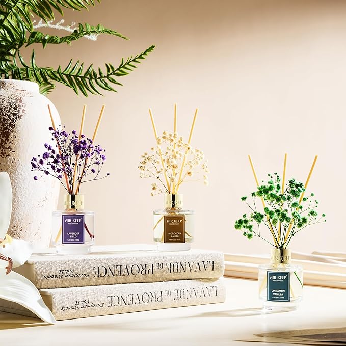 Airkeep Reed Diffuser Set of 3, Cinnamon Vanilla Lavender Field Moroccan Amber Oil Reed Diffusers for Bedroom Living Room Office Aromatherapy Oil Reed Diffuser for Gift 50ml x 3