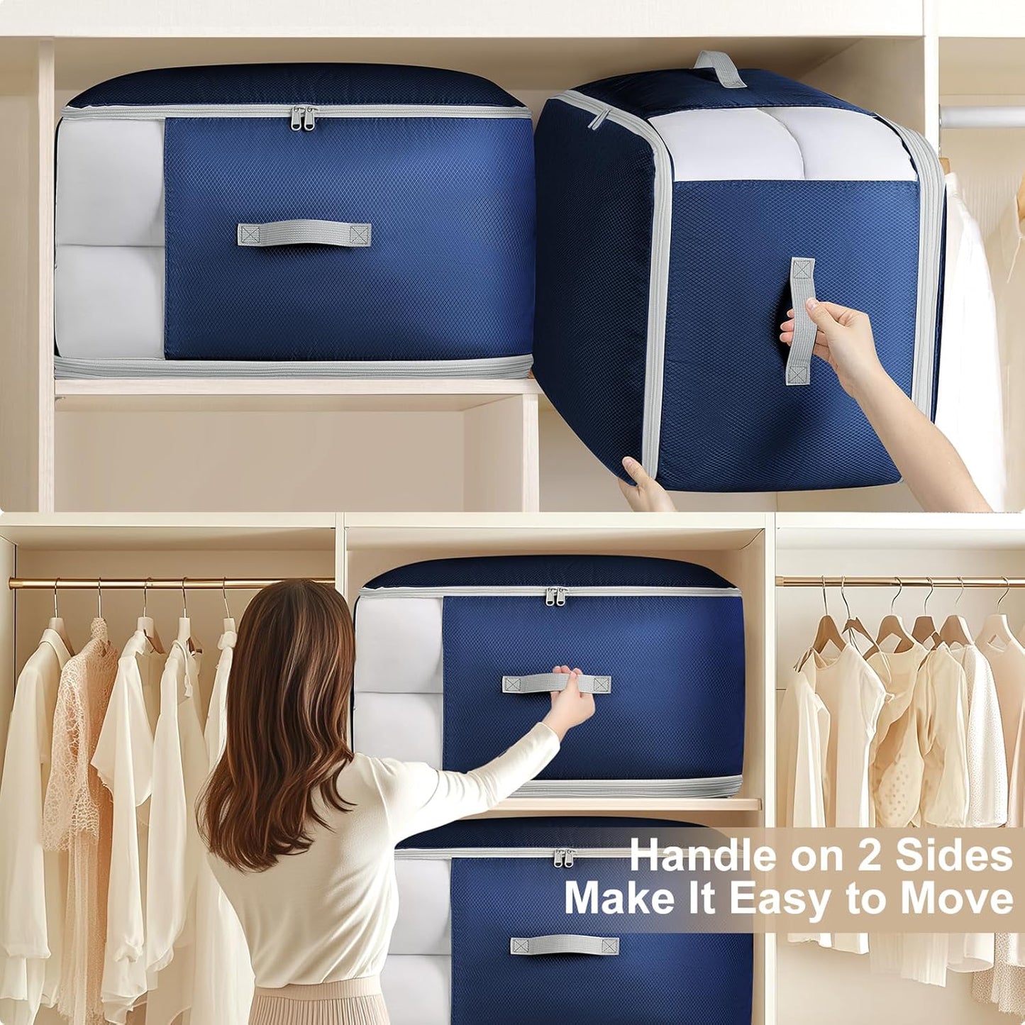 Comforter Storage Bag - 130L Blanket Storage Bags 3-Layer Ultra Space Saving Self Compression Organizer, Washable Compression Bags for Storage Comforter Blanket, 4-Pack, Navy Blue