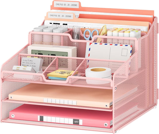 Lavatino Desk Paper File Organizer - Metal Mesh with 2 Letter Trays, 7 Flexible Dividers, 2 Vertical File Folder Holders for Office/Home/Classroom Supplies, Desk Organizers and Accessories, Pink