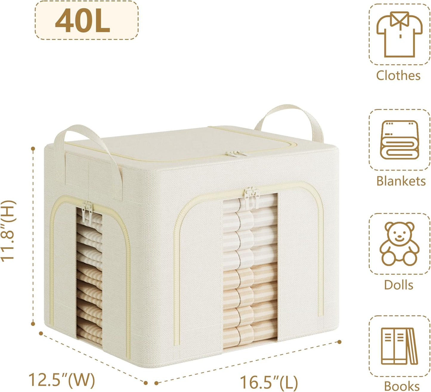 Pinkpum 3 Pack Clothes Storage Bins with Metal Frame, Closet Organizers and Storage Boxes, Stackable & Foldable Clothes Organizer Bags with Large Clear Window & Long Carry Handles, Beige 40L