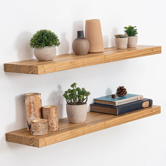 Floating Shelves, 8" Deep Rustic Solid Elm Wood Wall Mounted Floating Shelves, Wall Shelves with Invisible Bracket for Living Room Bathroom Bedroom Kitchen, 32 Inch Set of 2, Natural