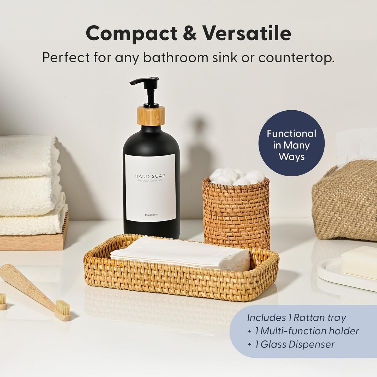 MaisoNovo Rattan Bathroom Set - Black Countertop Dispenser, Toothbrush Holder & Toothpaste Cup with Tray - Set of 3 - Rattan Bathroom Vanity Trays Rectangle for Storage