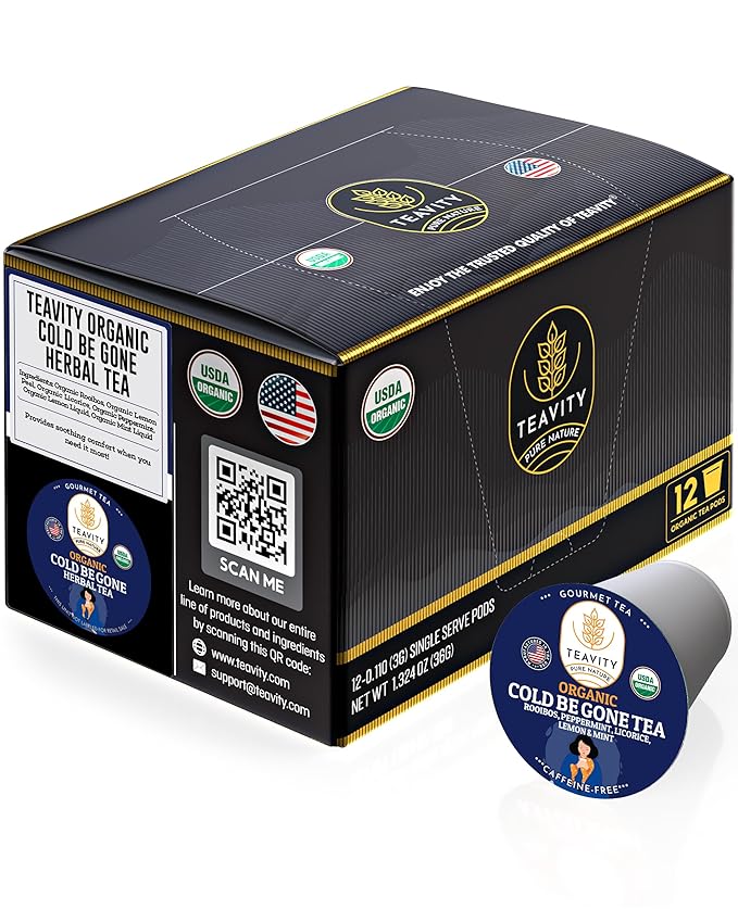 Organic Rooibos Tea Pods for Keurig with Lemon, Mint, Licorice - Unsweetened Decaf Tea for K Cup Brewing - Cold Be Gone by Teavity (12 Tea Pods)