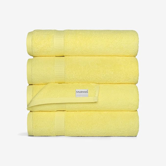 SALBAKOS 100% Turkish Cotton Bath Towel Set of 4 27x54 inch | Heirloom Quality | Hotel & Spa Collection | Soft, Super Absorbent, Long Lasting Bath Towels | Made in Turkey (Yellow, 4 Bath Towels)