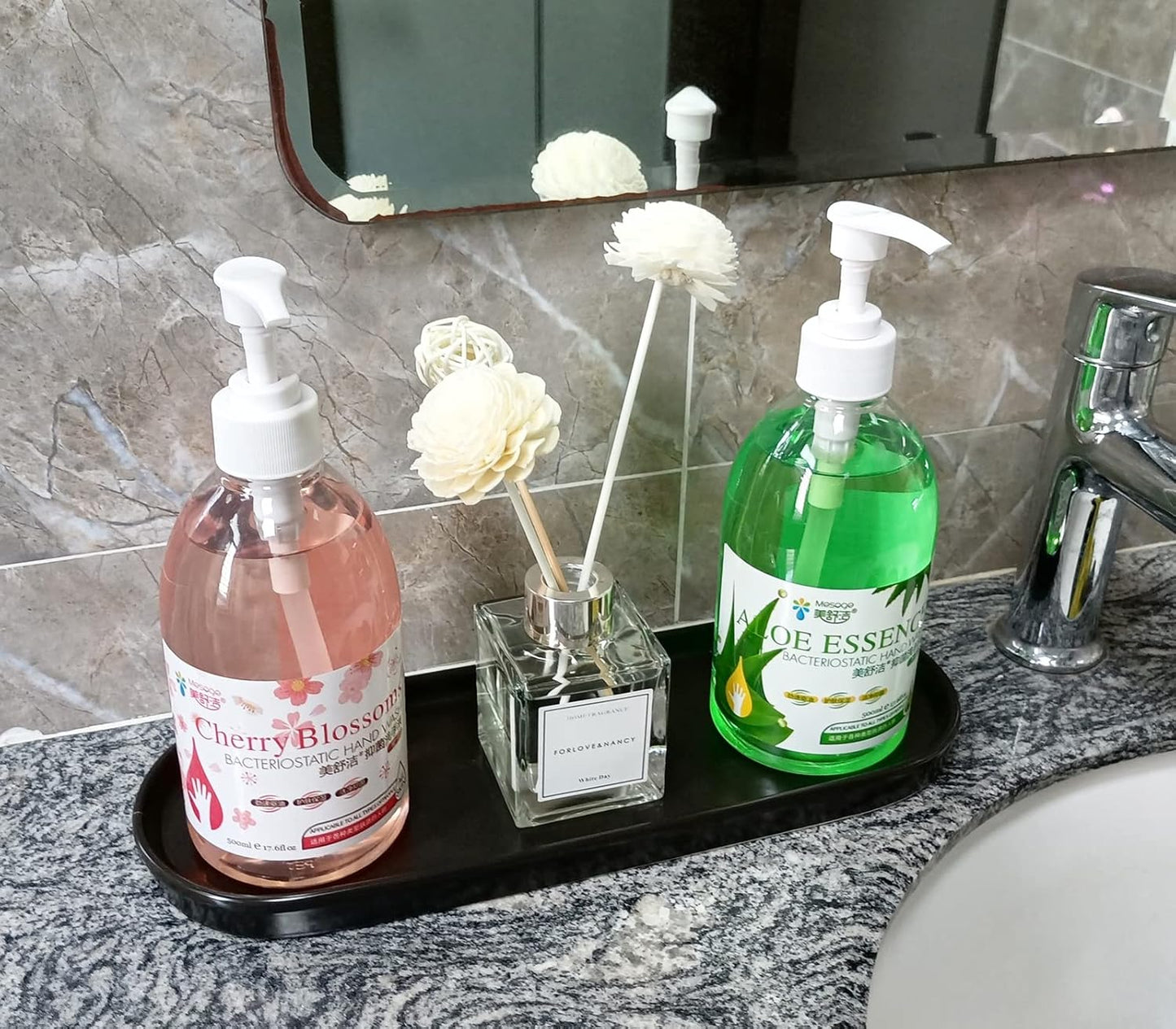 Ceramic Sink Tray, Bathroom Counter Tray, Bathtub Tray, Cosmetics Dish, Candle Tray, Perfume Shampoo Liquid Soap Tray Simple Style Design Suit for Bathroom and Kitchen (2pcs Black)