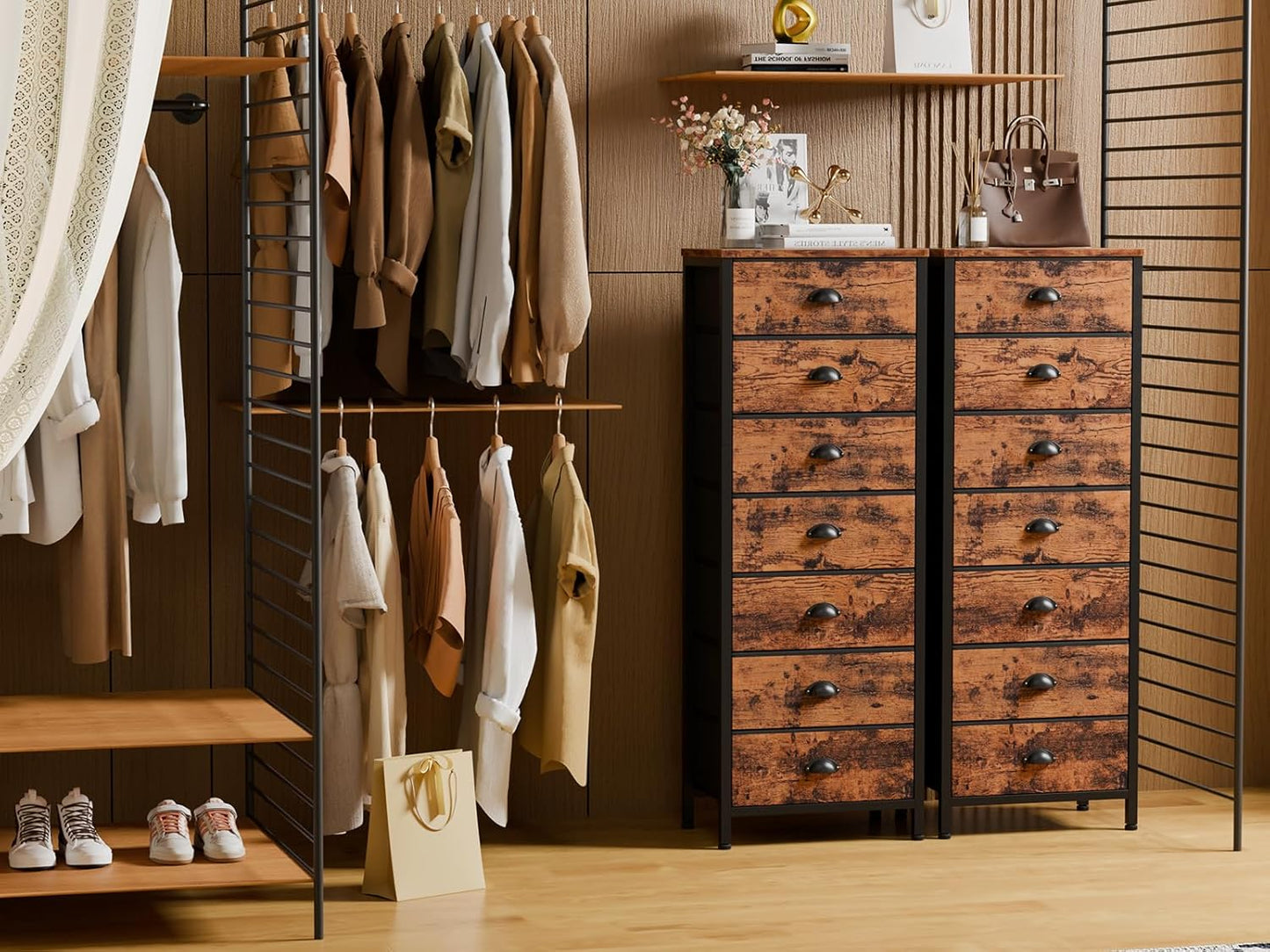 Furnulem Bedroom Dresser with 7 Drawers,Tall Industrial Fabric Chest of Drawers, Vertical Storage Tower Bedside Furniture in Living Room,Closet,Entryway-Sturdy Steel Frame(Rustic Brown)