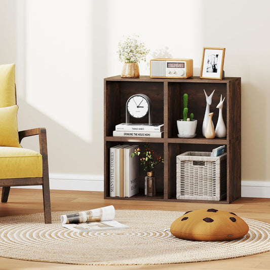 Stackable Cube Bookshelf, Modular Cubby Storage Organizer, Small Bookcase for Small Spaces, Combination Cubical Shelf, Wooden Display Shelving Unit (Rustic Brown, 4-Cube)