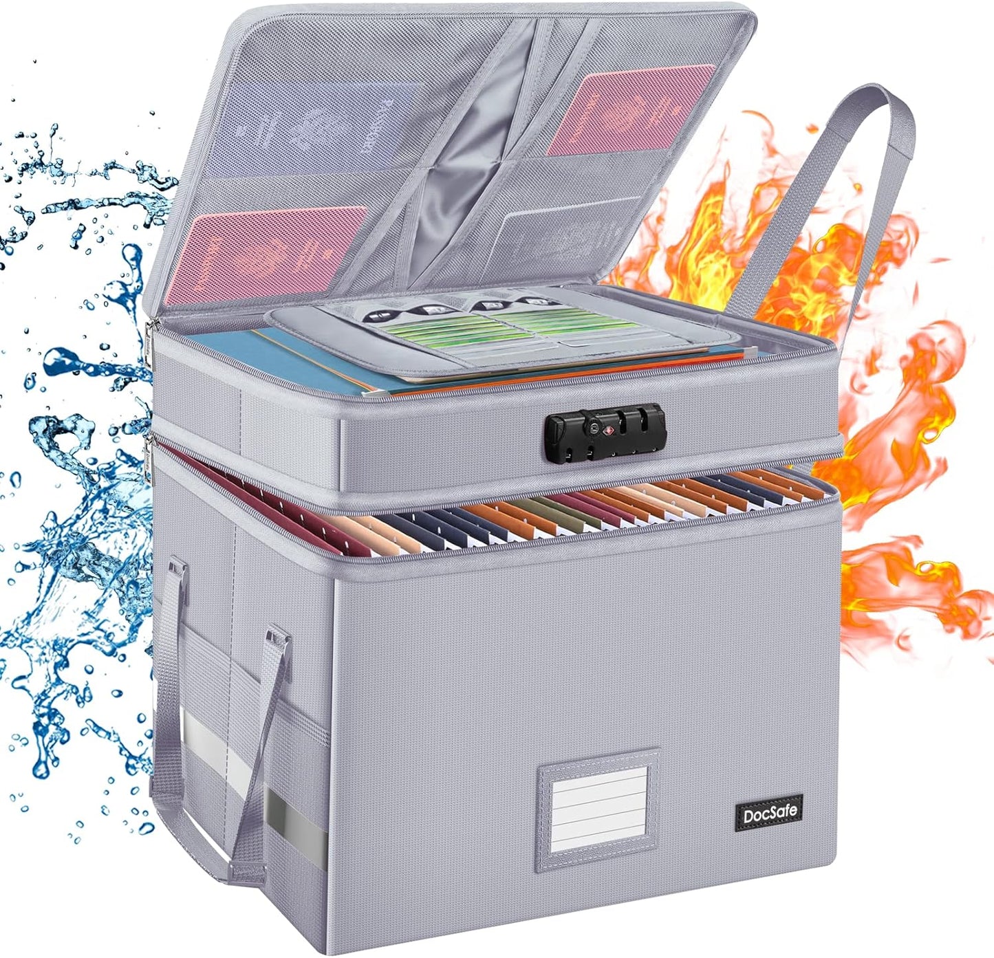 DocSafe File Box with Lock,Multi-Layer Fireproof Document Box Collapsible File Storage Organizer with Pocket,Large Portable Home Office Filing Cabinet Safe for Hanging Letter/Legal Size Folder,Silver