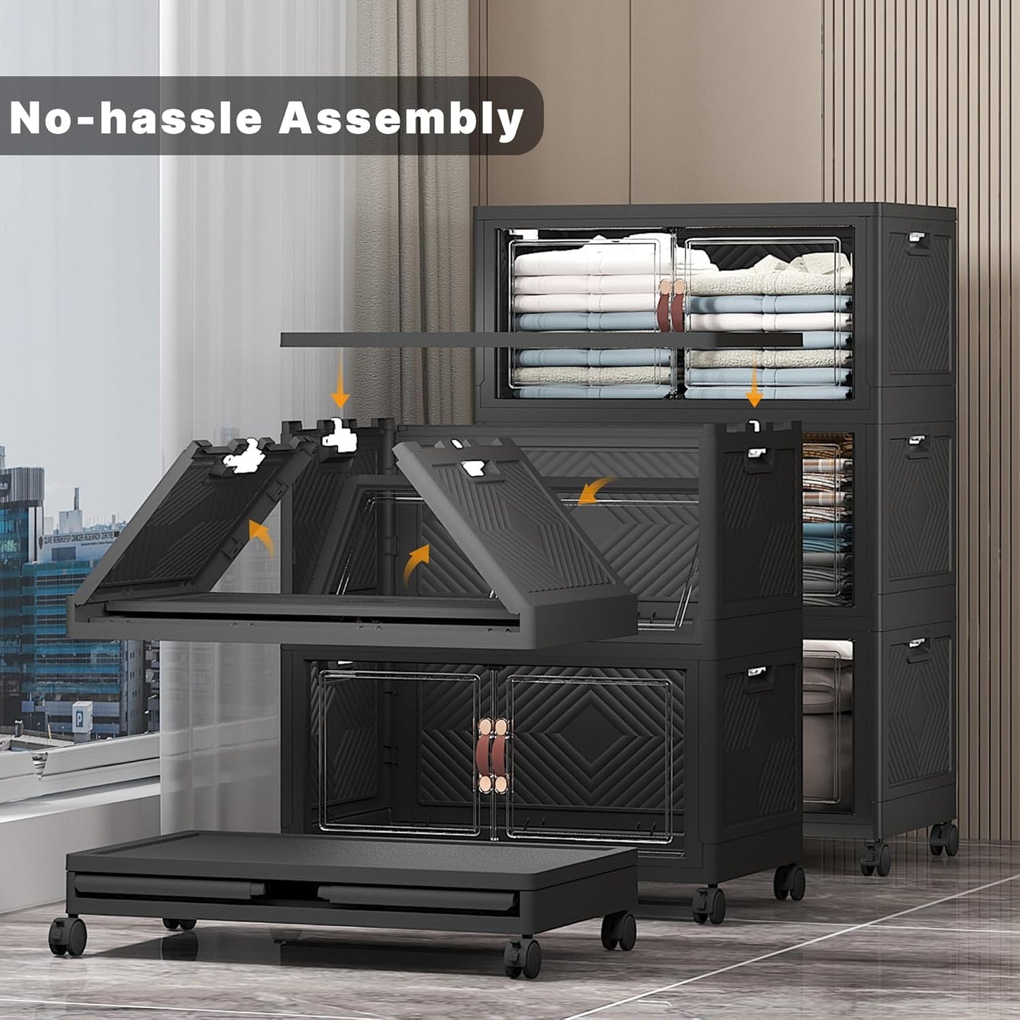 Extra Large Stackable Storage Bins with Lids & Wheels & Door, 672QT-112QT/28GAL*6Pack Foldable Collapsible Closet Organizers, Plastic containers drawers for bedroom Dorm