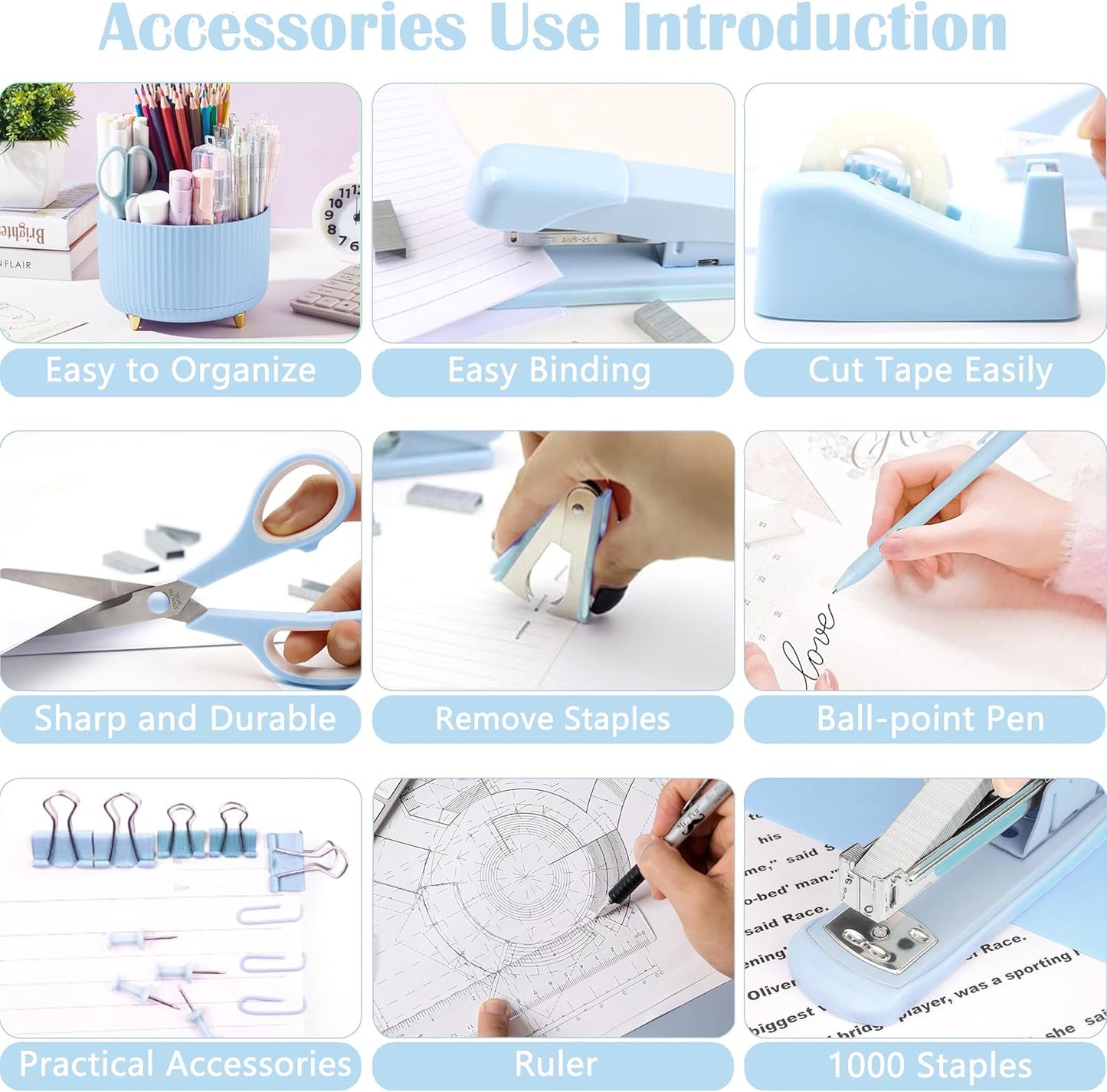 Blue Desk Accessories, Blue Office Supplies 360°Pen Holder Desk Organizers and Accessories with Tape Dispenser, Stapler, Staple Remover, 1000 Staples, Tape, Clips Set, Ruler, Scissor, Pen