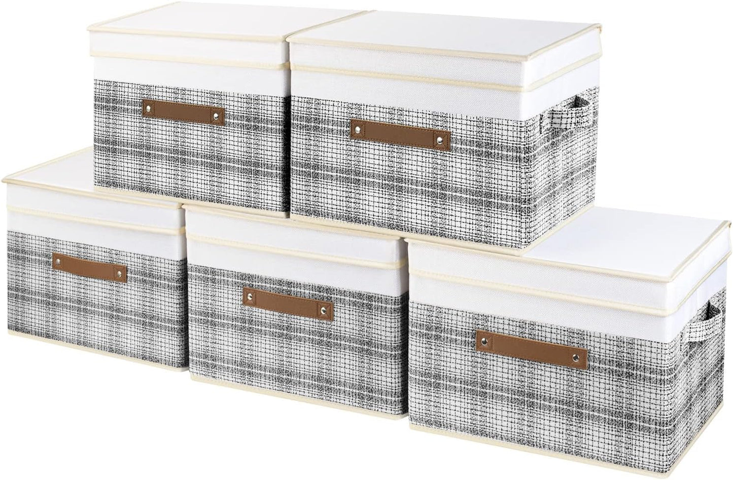 TYEERS Collapsible Storage Bins with Lids, Patchwork Design, Washable, Fabric Storage Boxes, 14.9x9.8x9.8 inches, 5 Pack, Gray