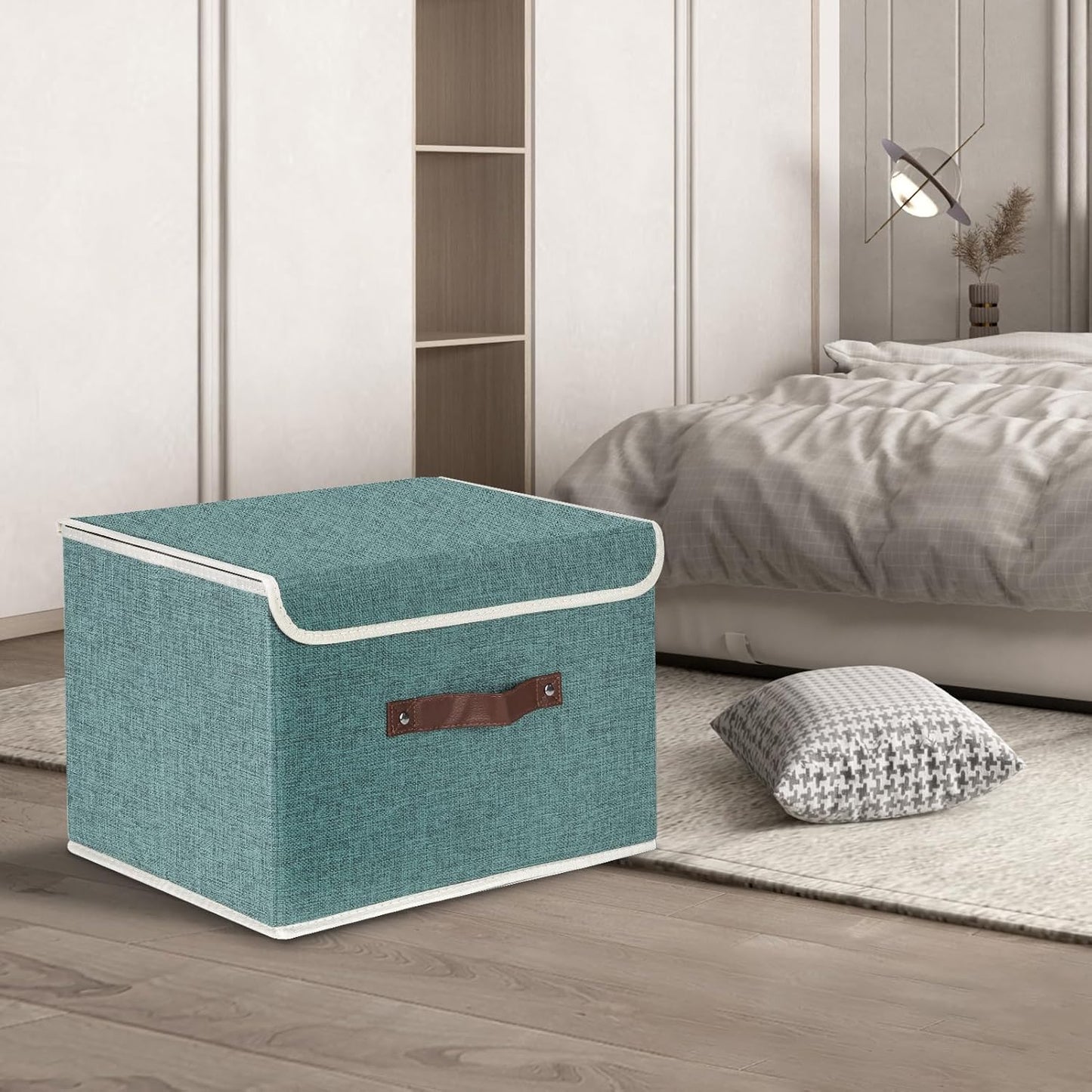 TYEERS Collapsible Storage Boxes, Washable Fabric Storage Bins with Lids, 14.9x9.8x9.8 inches, 2 Pack, Aqua Deep