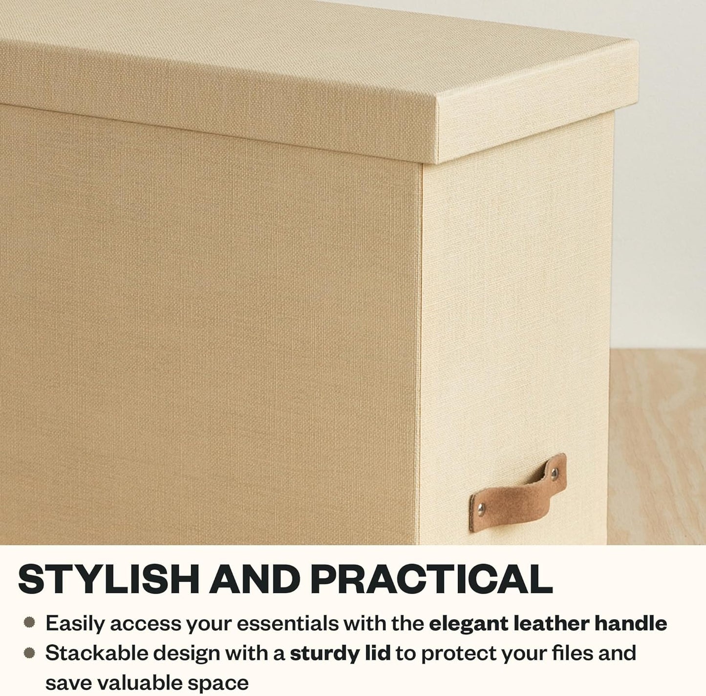 Bigso John File Box - File Storage Box and File Organizer for Important Paperwork - Durable Hanging File Box with Lid and Leather Handle - 7.4 in x 13 in x 10.4 in - Cream