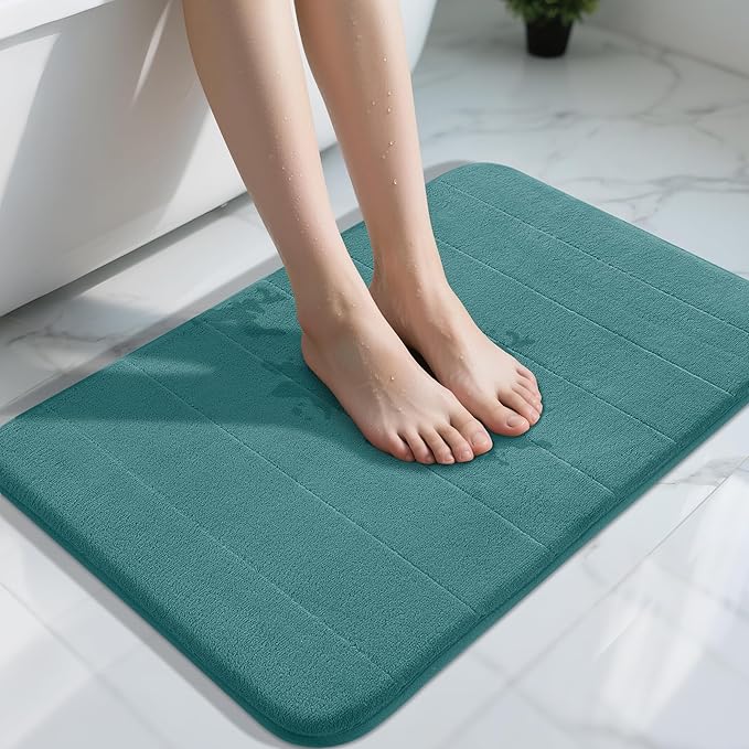 Yimobra Teal Bath Mat 31.5x20 Inch, Super Soft Absorbent Memory Foam Bathroom Rug Non Slip, Quick Dry, Machine Washable Floor Carpet for Tub Shower, Home Decor Accessories