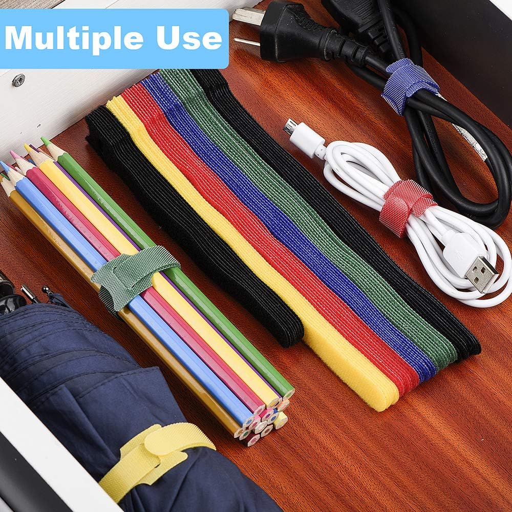 60PCS Reusable Cable Ties, Newlan 2 Size Adjustable Cable Straps 50PCS 8 Inches 10PCS 6 Inches, Cable Organizer, Cord Wrap and Hook Loop Cords Management - 5 Colors