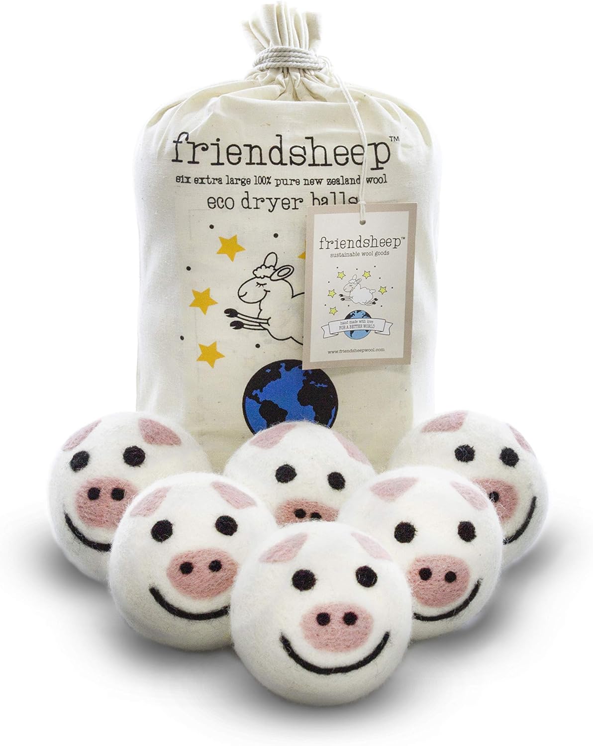Friendsheep Wool Dryer Balls, Organic Reusable Fabric Softener Alternative for Laundry, Handmade, Fair Trade, Hypoallergenic, Eco-Friendly, Plastic-Free (6 Pack XL – Pig- Piggy Band)