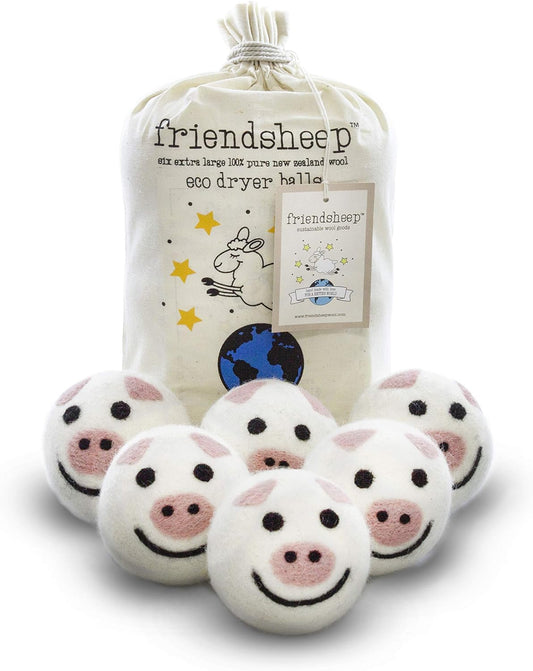 Friendsheep Wool Dryer Balls, Organic Reusable Fabric Softener Alternative for Laundry, Handmade, Fair Trade, Hypoallergenic, Eco-Friendly, Plastic-Free (6 Pack XL – Pig- Piggy Band)