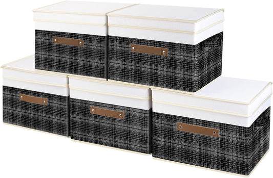 TYEERS Collapsible Storage Bins with Lids, Patchwork Design, Washable, Fabric Storage Boxes, 14.9x9.8x9.8 inches, 5 Pack, Black