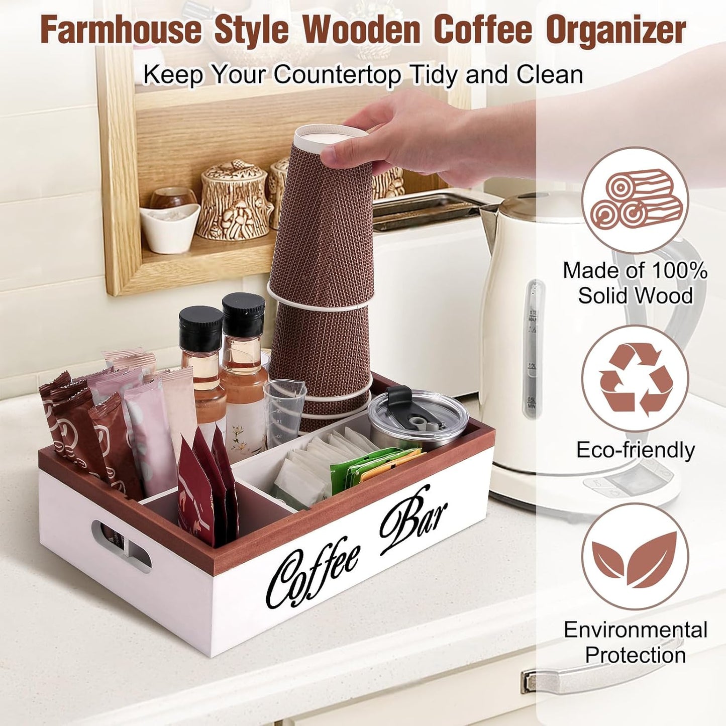 Wooden Coffee Organizer Holder with Divided Sections & Cutout Handle, Farmhouse Coffee Bar Organizer for Pods, Cups, Lids, Syrups, Stirrers & Accessories – Ideal Gift for Home or Office-White