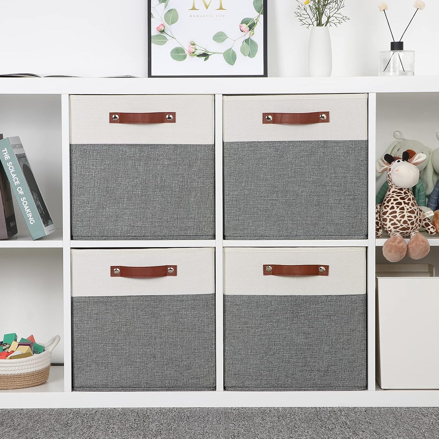 Temary 13x13 Storage Cubes 4 Pack Fabric Cube Storage Bins Large Storage Baskets with Leather Handles, Decorative Storage Boxes for Organizing Closet, Clothes, Foldable Cloth Baskets for Shelves