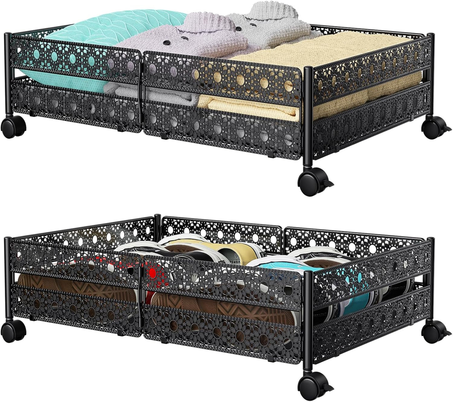 Under Bed Storage Containers with Wheels - Shoe Storage Organizer Drawer, Tool-free Assembly Metal Underbed Storage Containers for Bedroom Clothes, Shoes, Blankets - 2 Pack