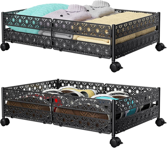 Under Bed Storage Containers with Wheels - Shoe Storage Organizer Drawer, Tool-free Assembly Metal Underbed Storage Containers for Bedroom Clothes, Shoes, Blankets - 2 Pack