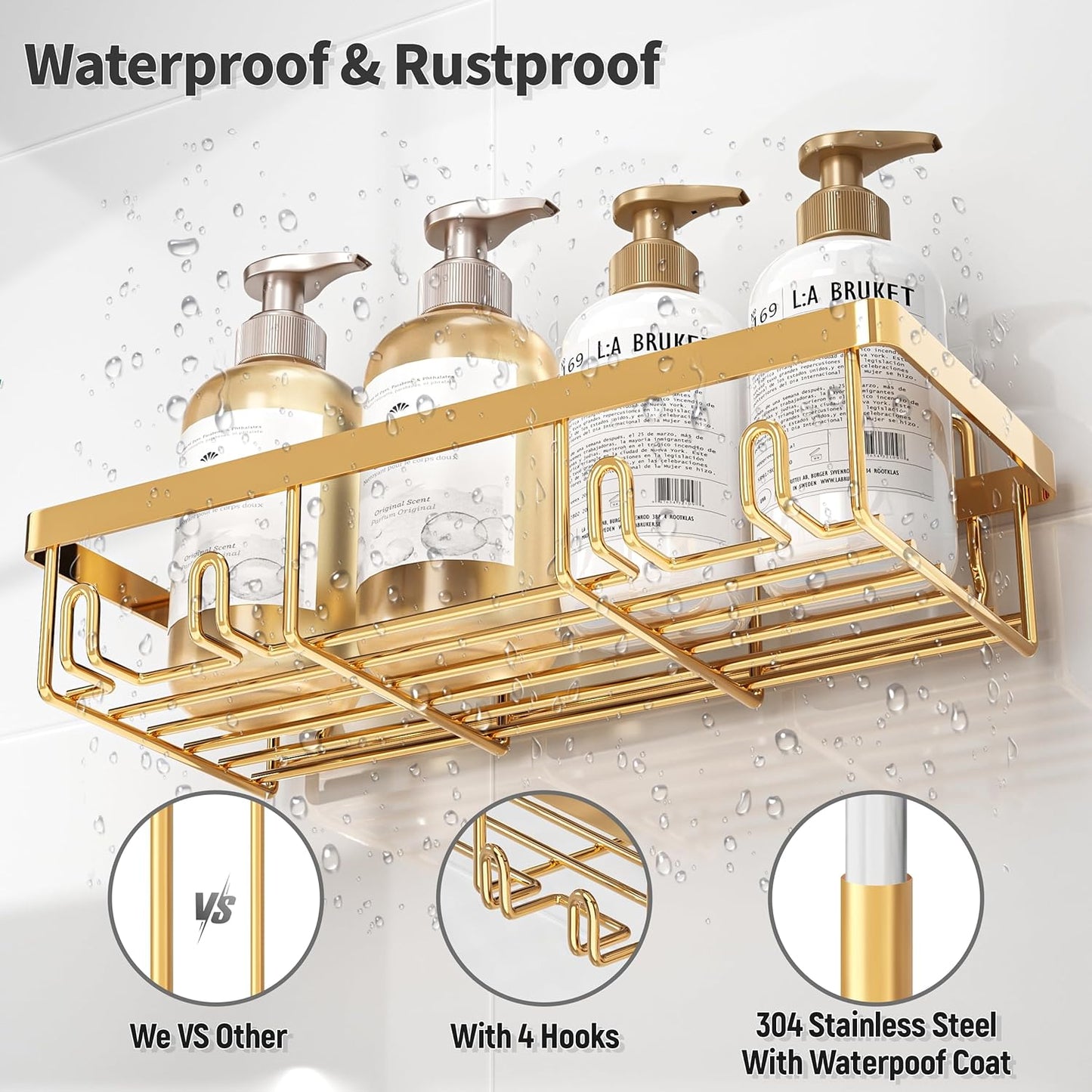 10 Pack Shower Caddy Organizer Rack Shelf for Inside Shower, Self Adhesive Wall Storage Basket Rustproof Stainless Steel Shampoo Holder Bathroom Accessory Decor Set, Gold