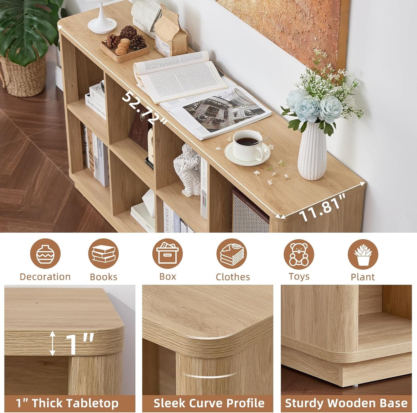 8 Cube Storage Book Shelf, 52" Long Horizontal Bookshelf with Curved Edge, Floor Standing Wooden Cubby Bookcase with Base, Modern Low Console Book Case, TV Stand for Living Room, Natural Oak