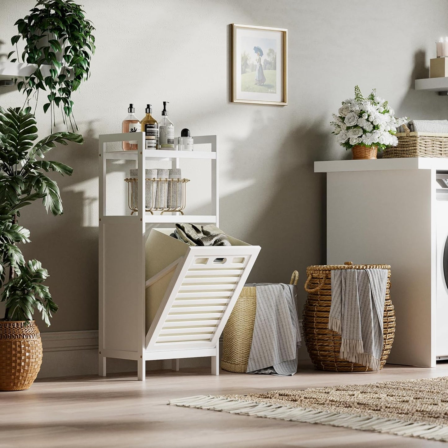 HITNET Bamboo Tilt Out Hamper, Bathroom Laundry Cabinet with Hidden Foldable Basket, Freestanding Clothes Storage Organizer with Storage Shelf, White