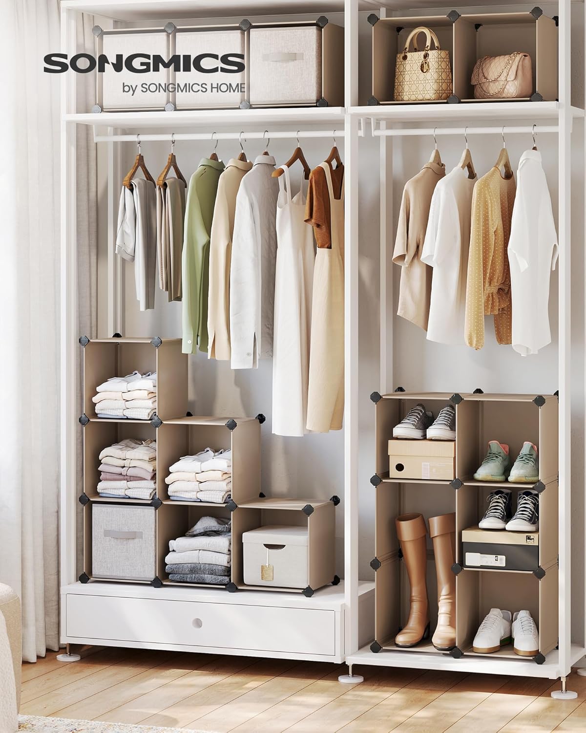 SONGMICS Cube Storage Organizer, Set of 16 Plastic Cubes, Book Shelf, Closet Organizers and Storage, Room Organization, Bedroom Living Room, 12.2 x 48.4 x 48.4 Inches, Camel Brown ULPC442K01