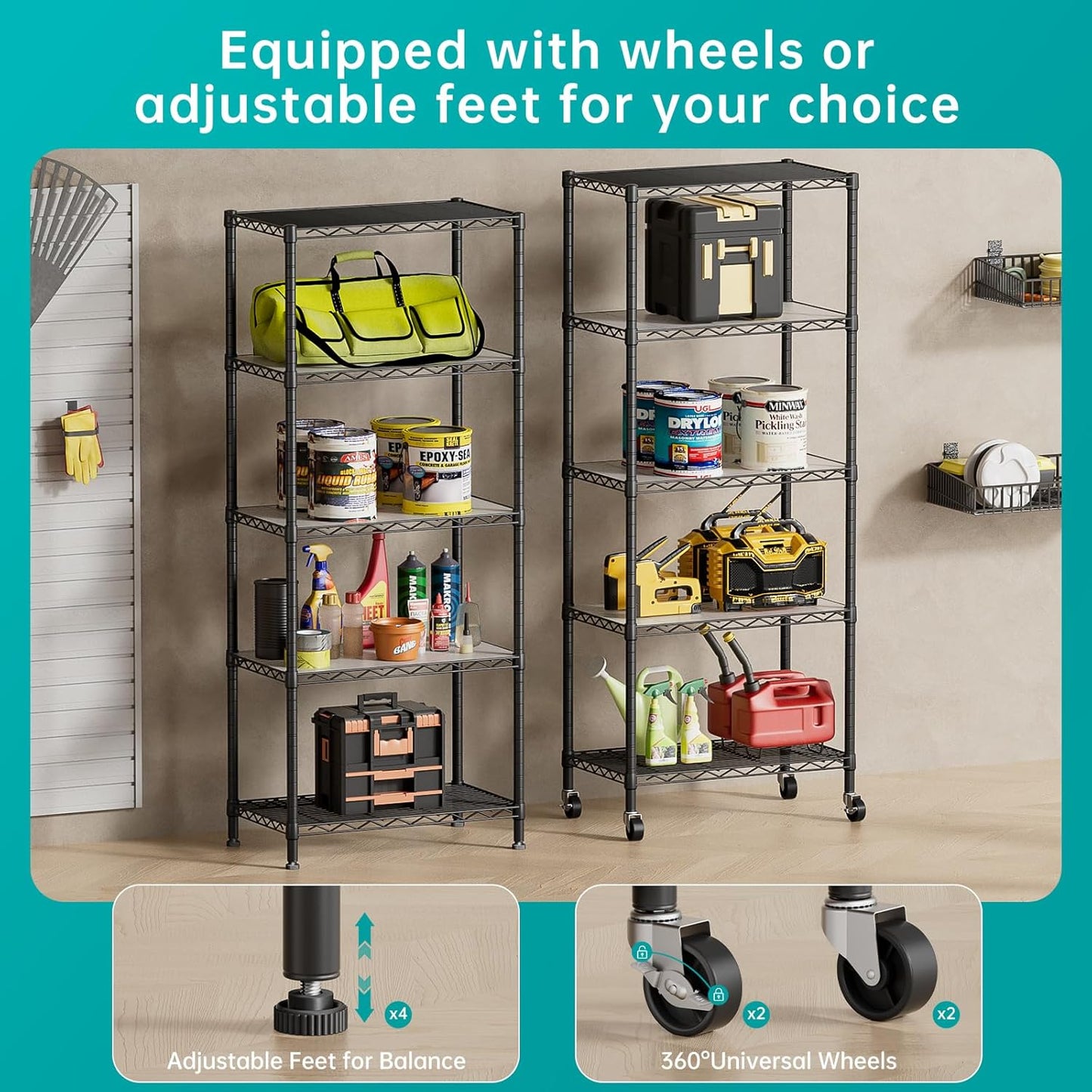 SINGAYE 5 Shelves Storage Shelf Wire Closet Bathroom Organizers Metal Pantry Kitchen Garage Shelving Unit Laundry Room Organization Home Rack Net Basket Black with Wheels