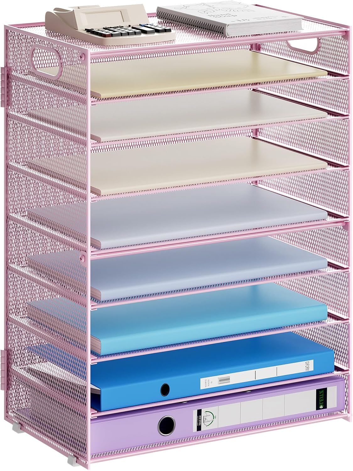 Marbrasse Paper Organizer Letter Tray, 9 Tier Mesh File Organizer with Handle, Paper Sorter Desk Organizer for Home Office Supplies - Pink