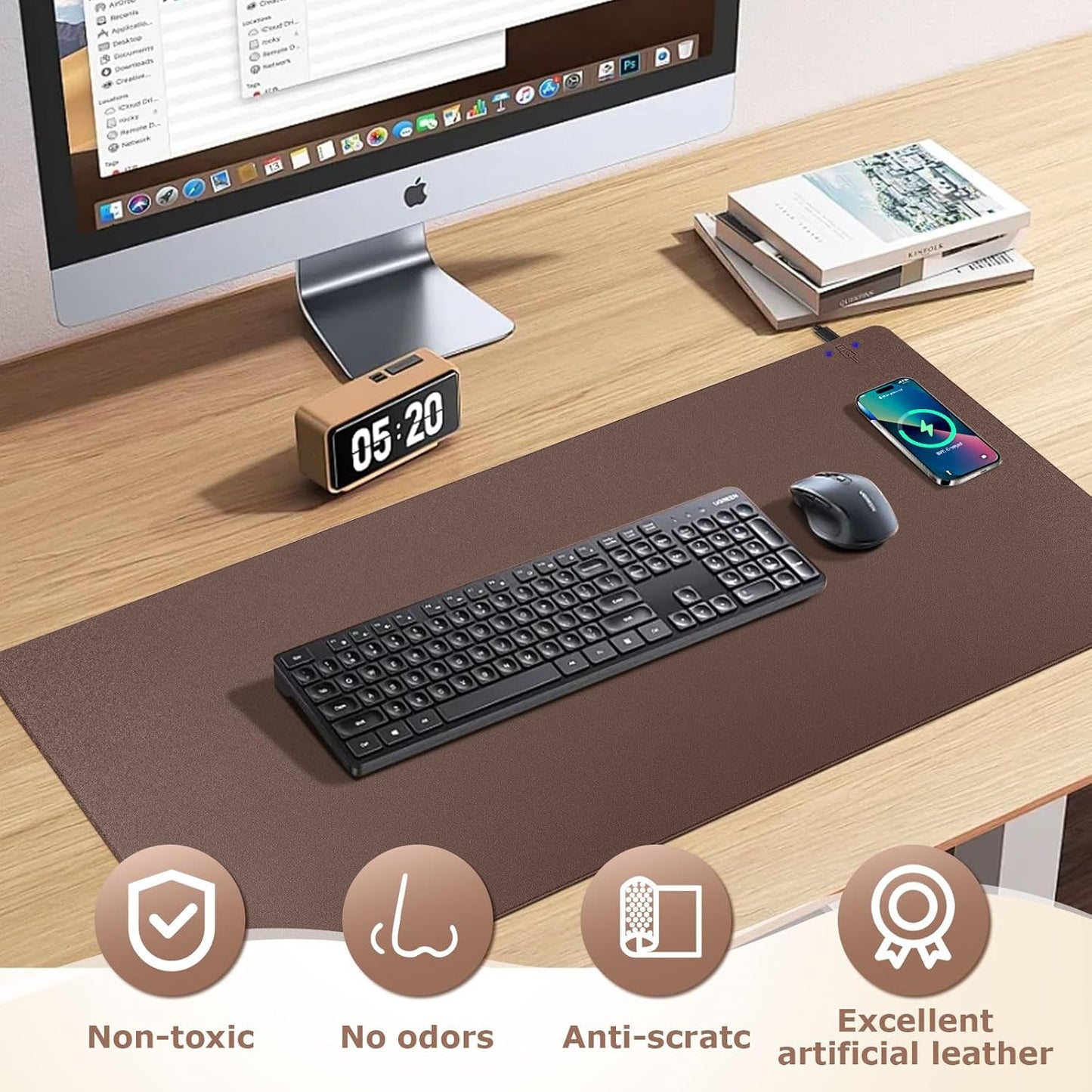 Wireless Charging Mouse Pad Firelison 2 in 1 Leather Multifunctional Office Desk Pad with Non-Slip Rubber Base, Waterproof Desk pad for Computers/Office/Work/Home/Decor（ 32" x 16"Brown - R）