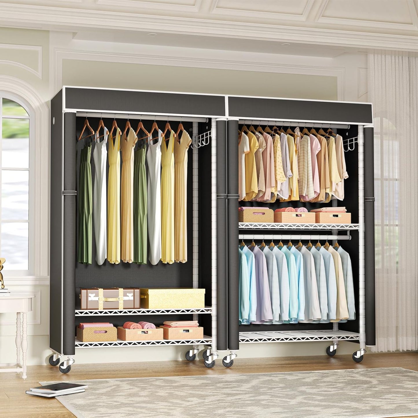 FUTASSI White Clothing Rack with Black Cover, P1C Rolling Closets with Wheels, Metal Garment Rack for Hanging Clothes, Clothing Storage Wardrobe, 36.2" W x 16.5" D x 80.5" H, Load 450 Pounds