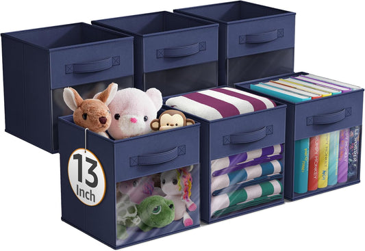 Sorbus 13 Inch Storage Bins with Clear Window - 6 Foldable Baskets for Organizing Clothes, Toys, Books - Sturdy Collapsible Fabric Storage Cubes with Handle - Storage Baskets for Shelves, Closets