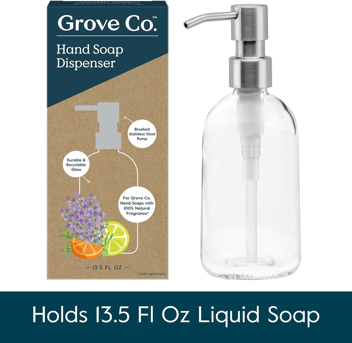 Grove Co. Gel Hand Soap Dispenser (13.5 Oz) 2 x Refillable Glass Bottles with Stainless Steel Pump, Reusable Liquid Soap Refill Set, Square Base, Reduce Plastic Waste Bundle
