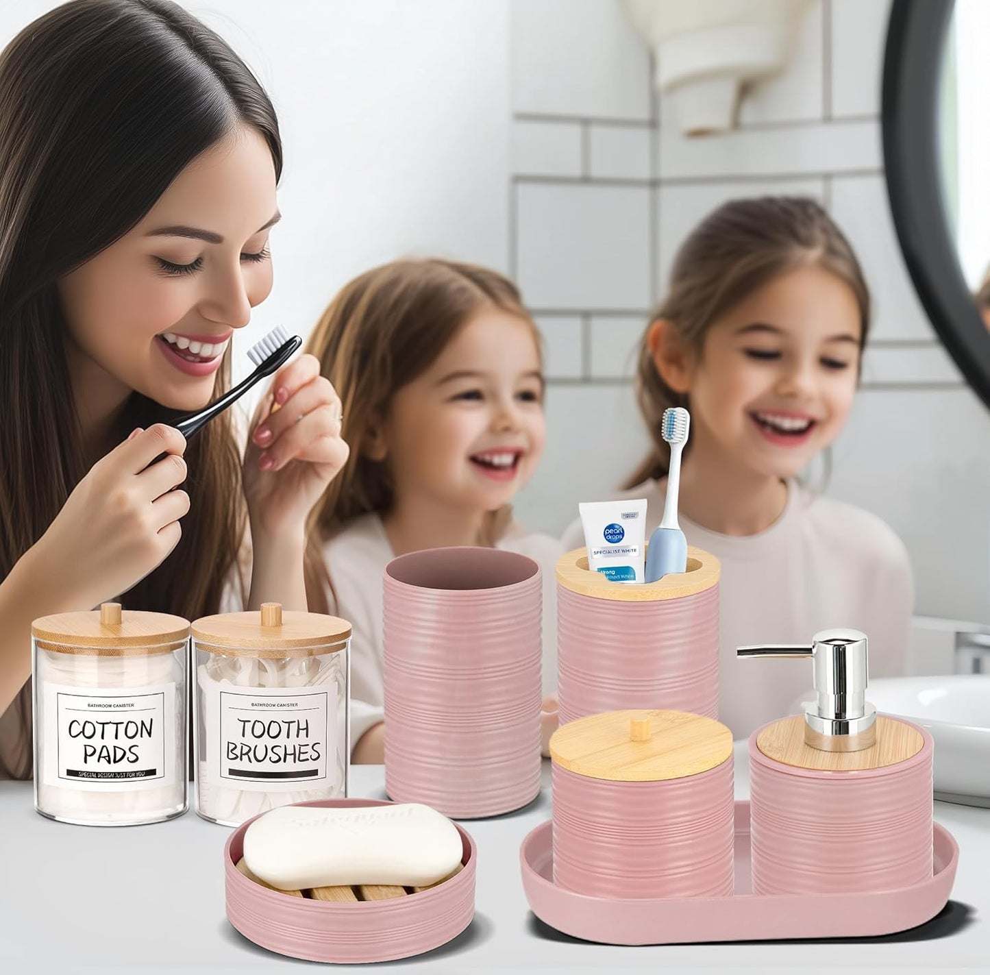 IMAVO Pink Bathroom Set,26Pcs Bathroom Accessories Set with PVC Shower Curtain,Rugs,Trash Can,Tray,Soap Dispenser,Soap Dish,Toothbrush Holder,Toothbrush Cup,Toilet Brush Holder and Qtip Holders