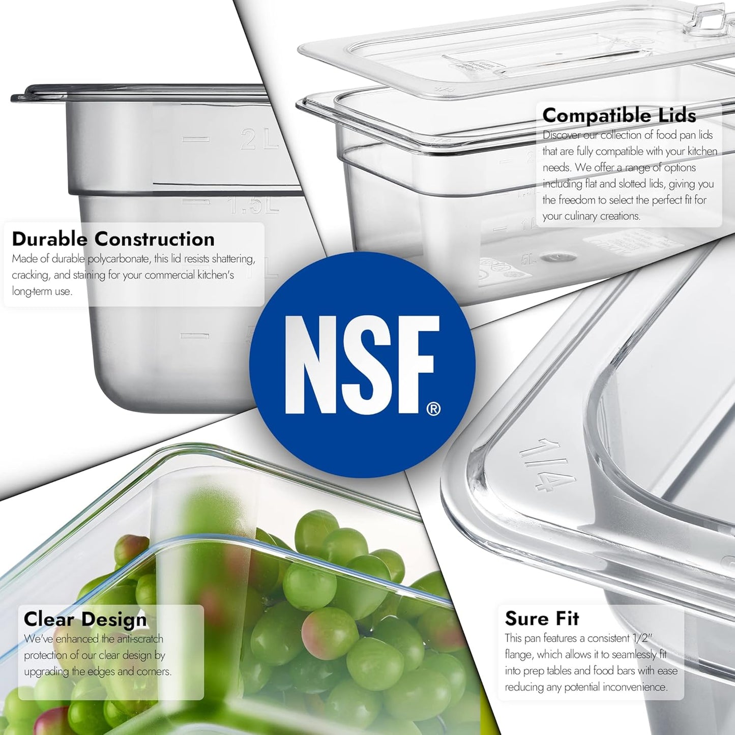 CURTA 6 Pack NSF Food Pans, 1/4 Size 4 Inch Deep, Commercial Polycarbonate Plastic Clear Freezer-Safe