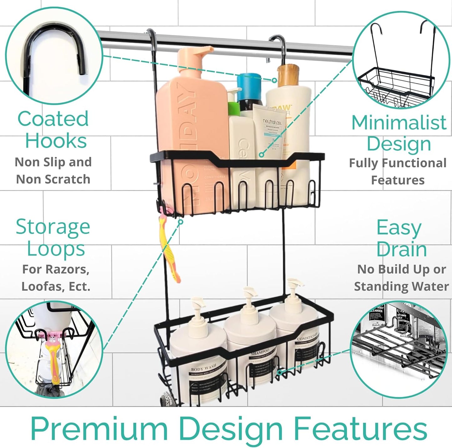 Black Shower Caddy Hanging - Rust-Proof 304 Stainless Steel Shower Caddy with Rotatable Hooks and Adhesives - Ideal for Bathroom Essentials - Convenient for Bathroom Toiletries