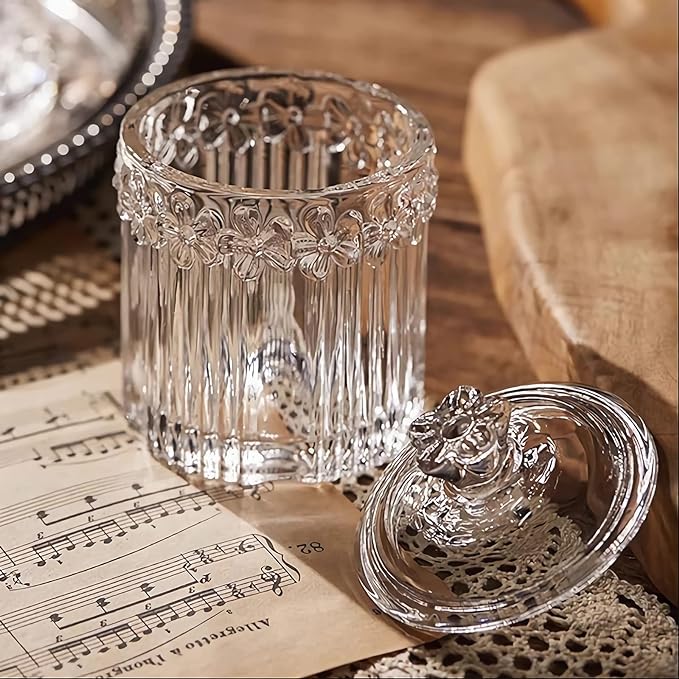 2 Pack Qtip Holder Glass Apothecary Jars with Lids Bathroom Accessories Vanity Organizers and Makeup Storage Canister for Cotton Swabs, Balls, Pads, Floss Picks, Candy, Clear