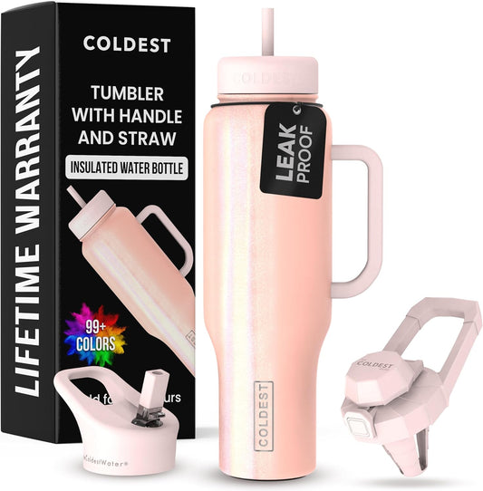 Coldest Tumbler with Handle and Straw, 100% Spill Proof Tumbler with Straw (3 Lids), Stainless Steel Insulated Leakproof Tumblers for Women Men, Cup Holder Friendly, 46 oz (Forever Pink Glitter)