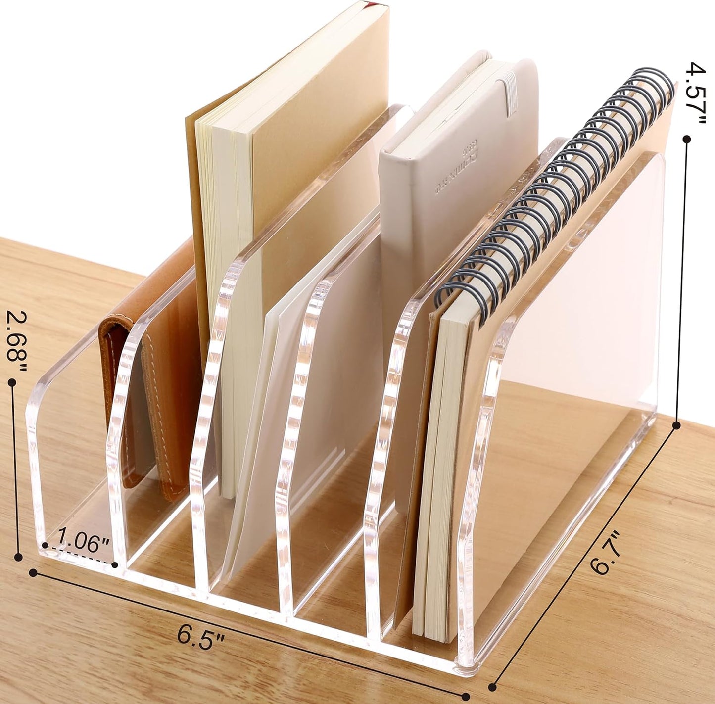 SANRUI Acrylic Desk Mail Organizer Sorters, Clear 5 Upright Compartments Laddered Desktop File Letter Holder, Multifunction Envelope Vertical Folder Racks Document Holders for Office, Home, School