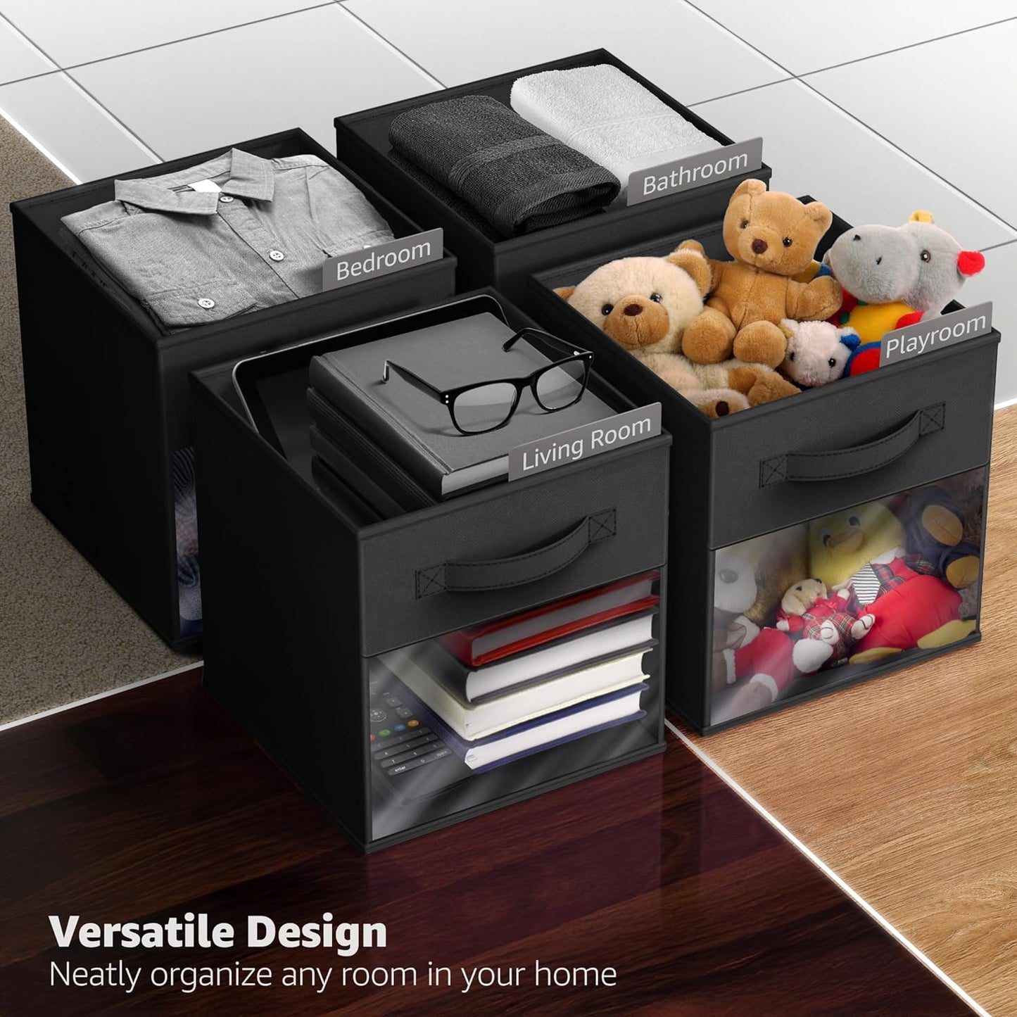 Sorbus 13 Inch Storage Bins with Clear Window - 6 Foldable Baskets for Organizing Clothes, Toys, Books - Sturdy Collapsible Fabric Storage Cubes with Handle - Storage Baskets for Shelves, Closets