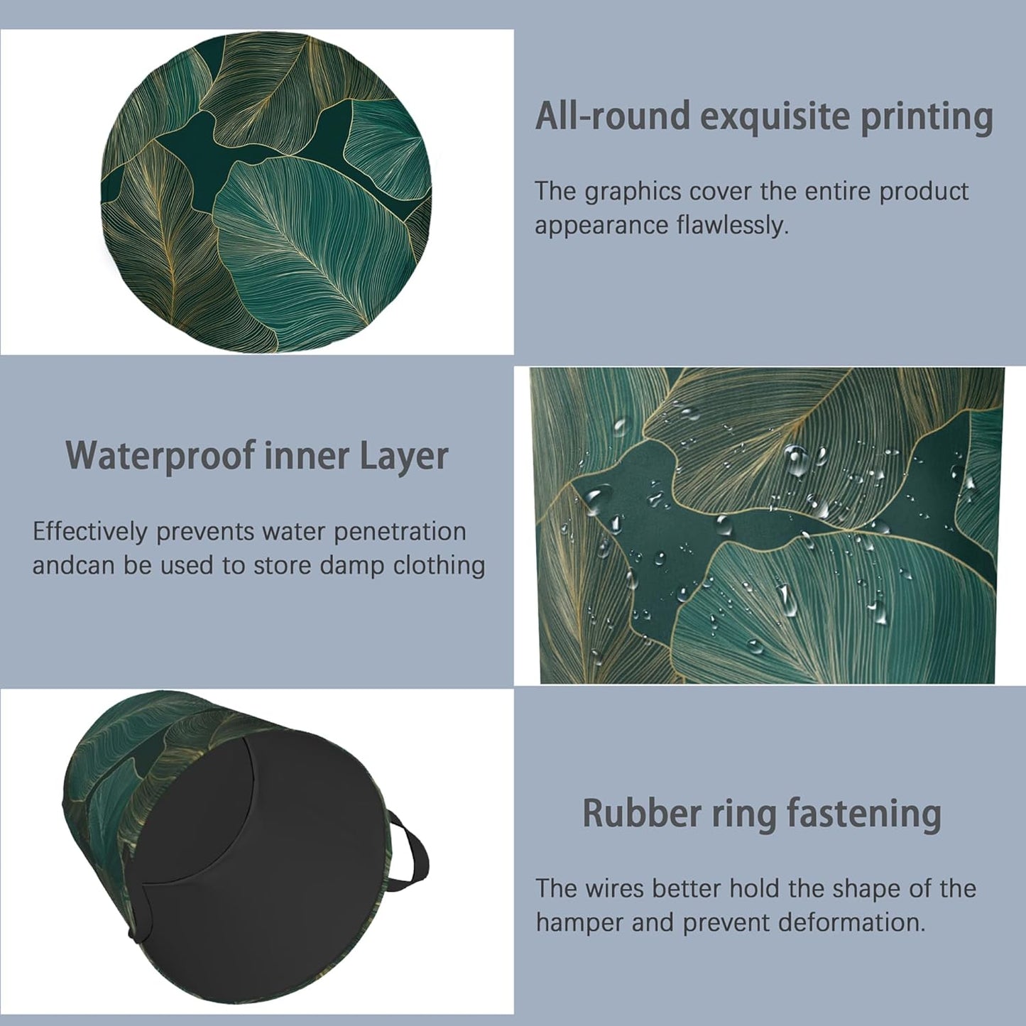 Palm Leaf Golden Laundry Hamper,Tropical Dirty Clothes Laundry Basket with Handles Waterproof Oxford Cloth Storage Basket for College Dorms Bathroom Bedroom 16" x 20.8"