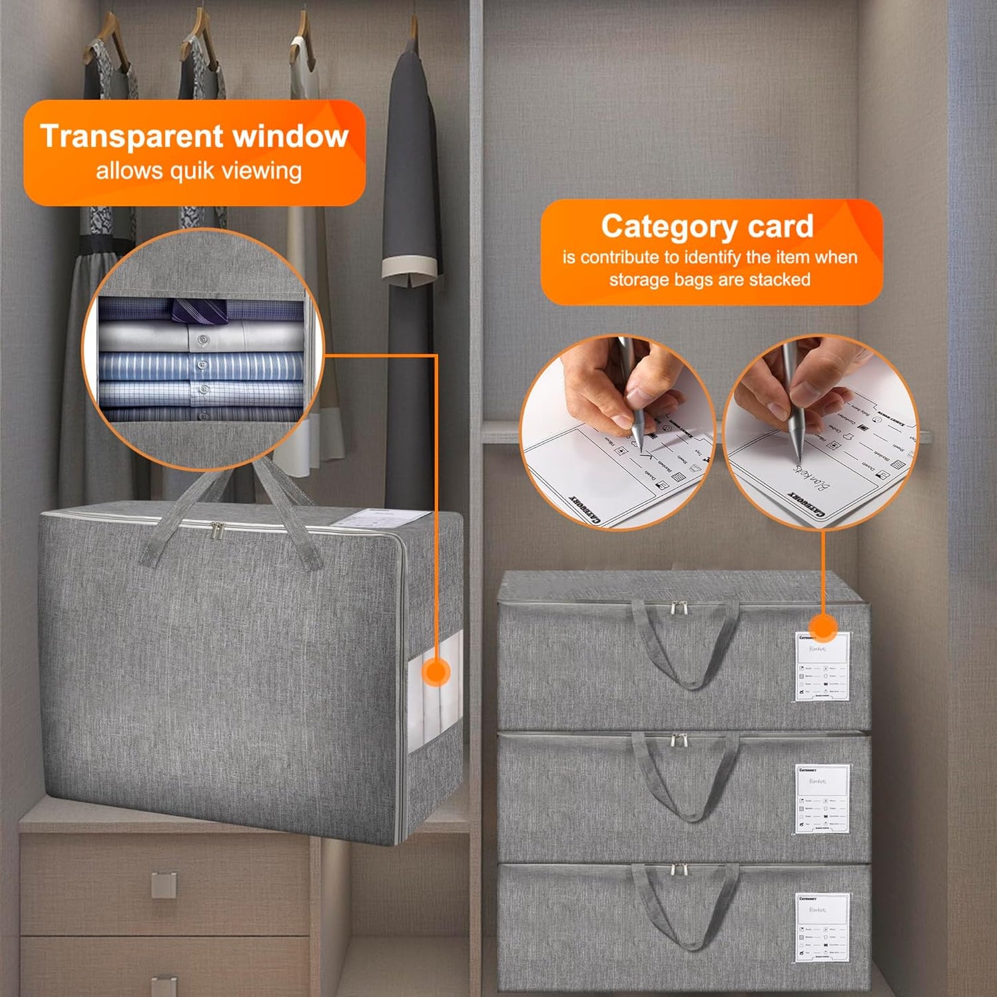 2 Pack 105L Comforter Storage Bags, Extra Large Bedding Storage Bags with Category Card and Clear Window, Reinforced Handles & Zippers, Foldable Closet Organizers for Blanket Pillow