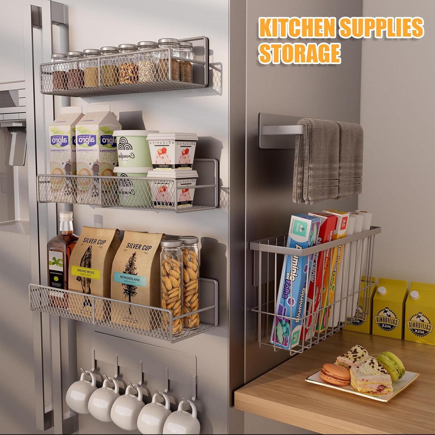 6-Pack Magnetic Shelves for Washing Machine & Refrigerator, Heavy-Duty Laundry Organizer with Hanger Holder & Deep Baskets, Metal Storage System for Laundry Room (Grey)